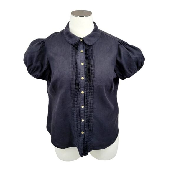 Liz Claiborne Linen Button-Up Blouse with Puff Sleeves Pleated Front Plus Size - Picture 1 of 12